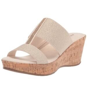 Anne Klein Harmoni Wedge Sandals Platinum Size 11 Comfort Slip On Sparkle Dressy